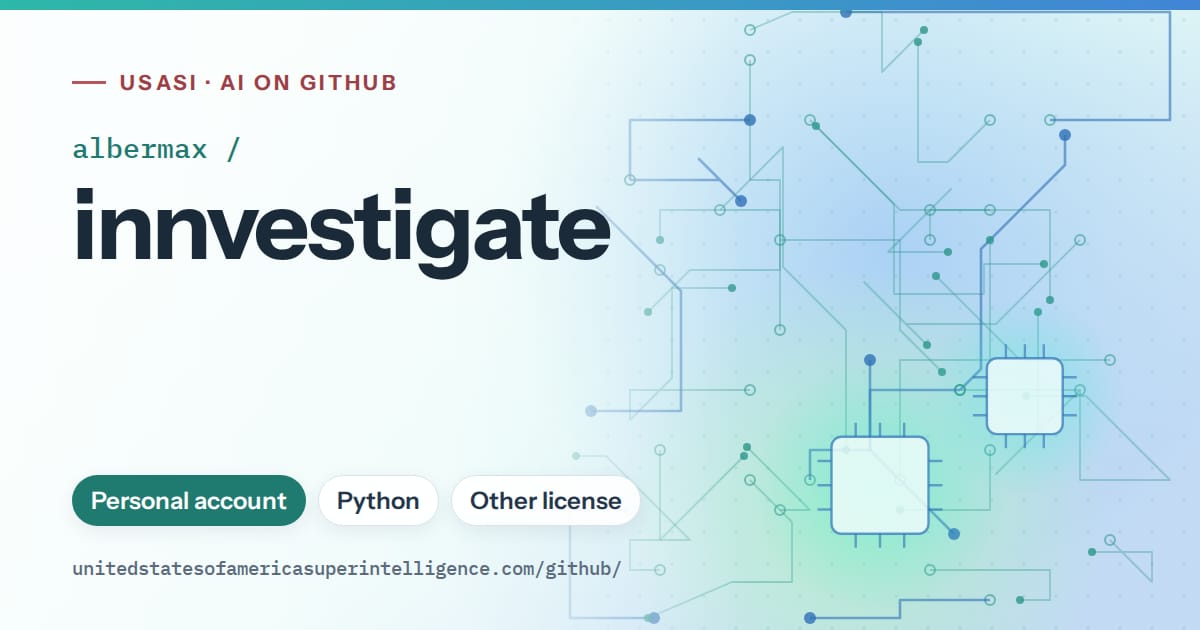 Generated teal circuit-trace artwork for albermax/innvestigate, labeled USASI · AI on GitHub, with Personal account · Python · Other license.