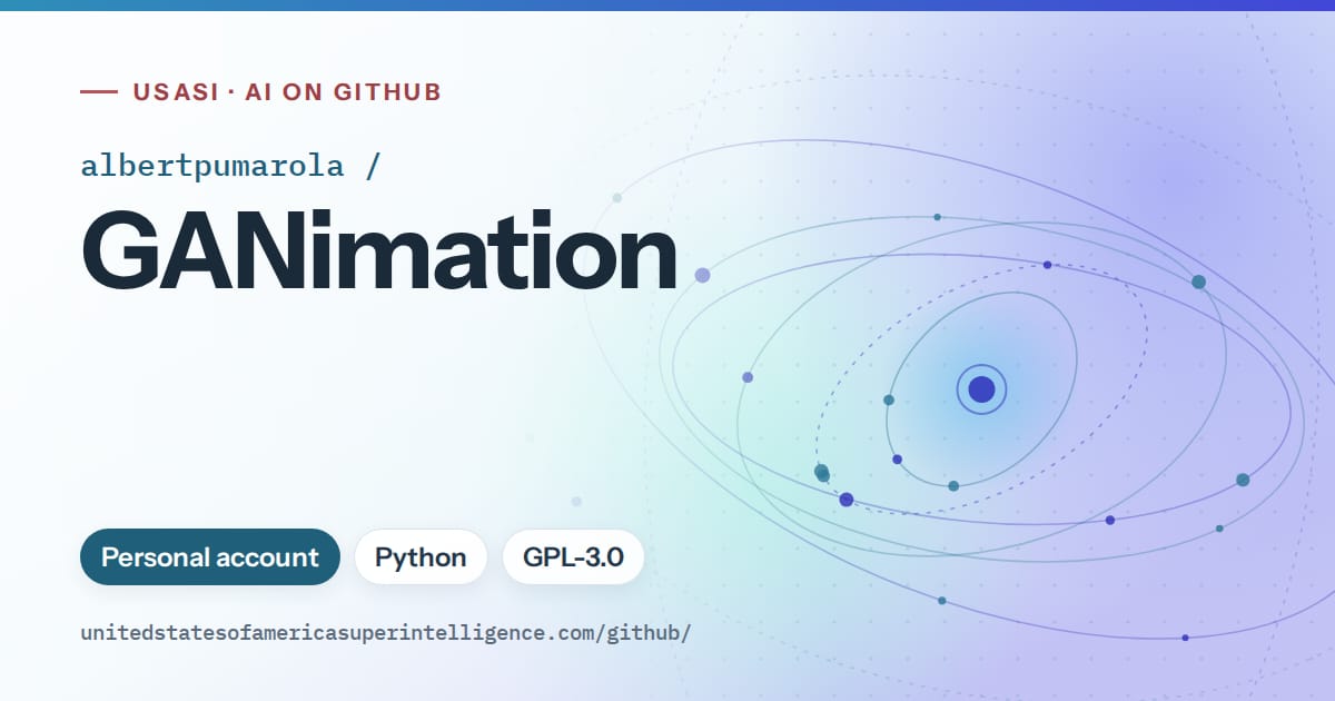 Generated sky blue orbit artwork for albertpumarola/GANimation, labeled USASI · AI on GitHub, with Personal account · Python · GPL-3.0.
