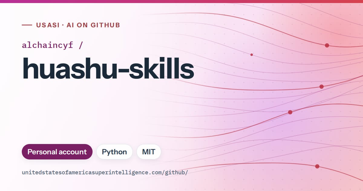 Generated purple flowing-wave artwork for alchaincyf/huashu-skills, labeled USASI · AI on GitHub, with Personal account · Python · MIT.