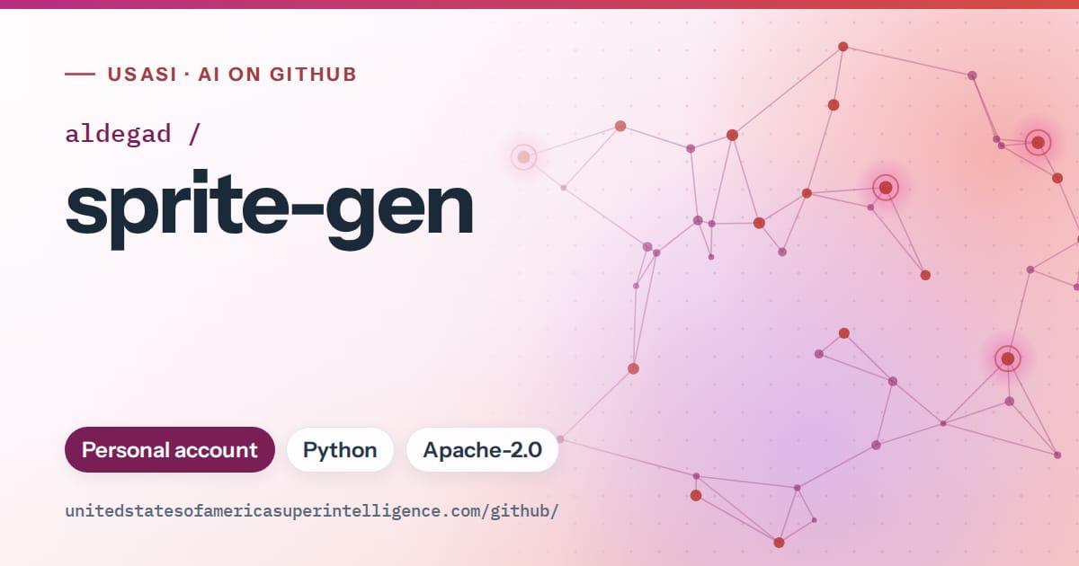 Generated pink constellation network artwork for aldegad/sprite-gen, labeled USASI · AI on GitHub, with Personal account · Python · Apache-2.0.