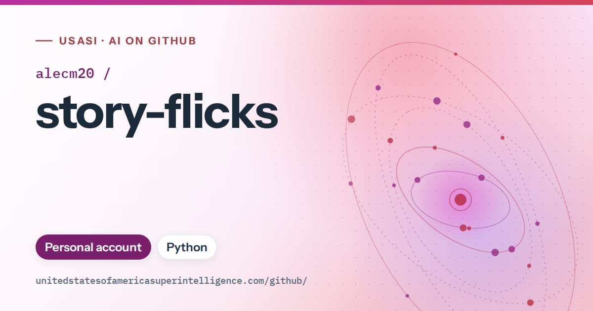 Generated purple orbit artwork for alecm20/story-flicks, labeled USASI · AI on GitHub, with Personal account · Python.
