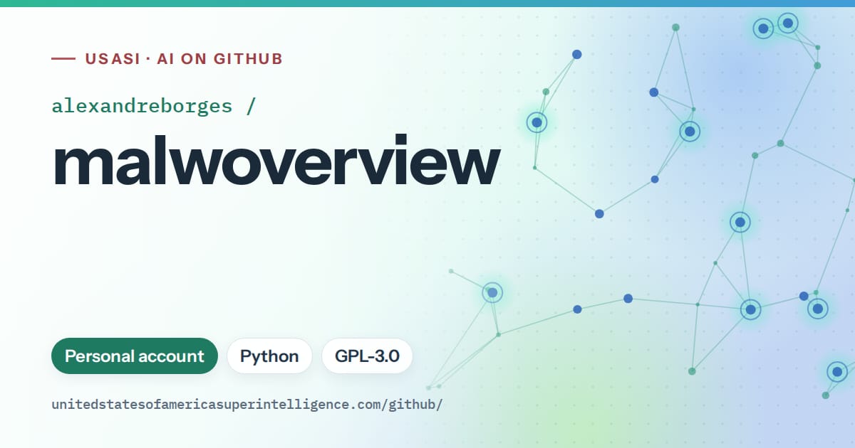 Generated teal constellation network artwork for alexandreborges/malwoverview, labeled USASI · AI on GitHub, with Personal account · Python · GPL-3.0.