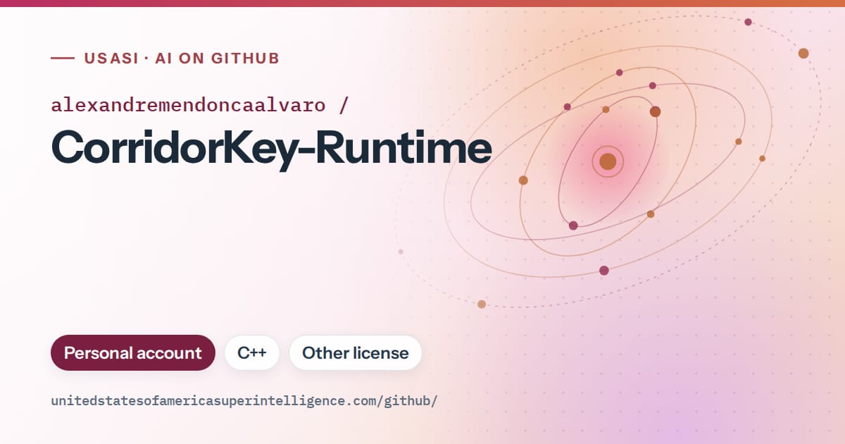 Generated pink orbit artwork for alexandremendoncaalvaro/CorridorKey-Runtime, labeled USASI · AI on GitHub, with Personal account · C++ · Other license.
