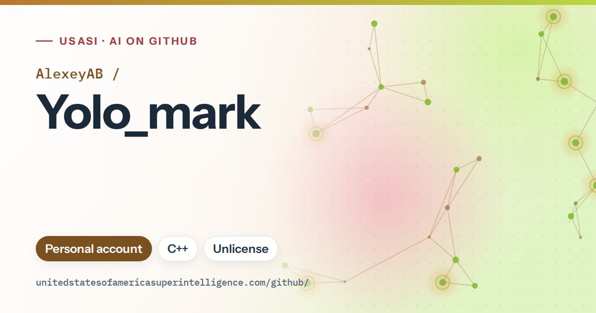 Generated orange constellation network artwork for AlexeyAB/Yolo_mark, labeled USASI · AI on GitHub, with Personal account · C++ · Unlicense.