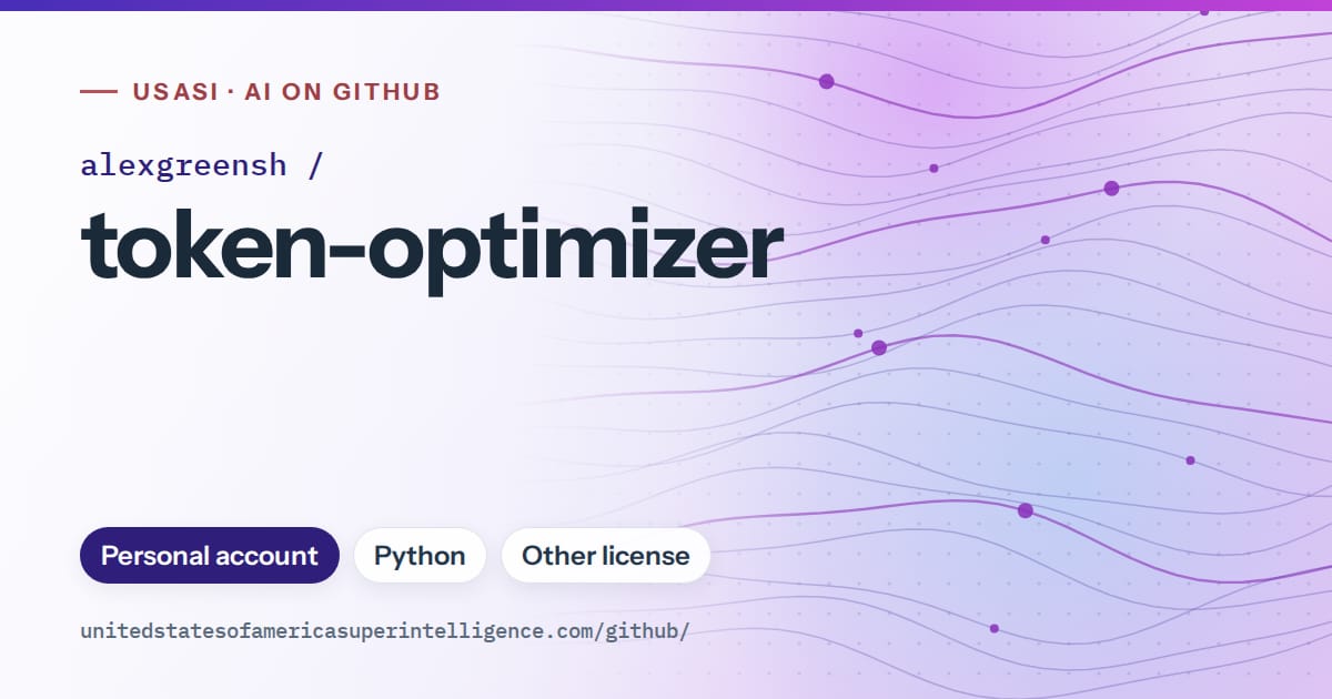 Generated violet flowing-wave artwork for alexgreensh/token-optimizer, labeled USASI · AI on GitHub, with Personal account · Python · Other license.