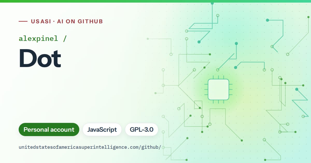 Generated green circuit-trace artwork for alexpinel/Dot, labeled USASI · AI on GitHub, with Personal account · JavaScript · GPL-3.0.