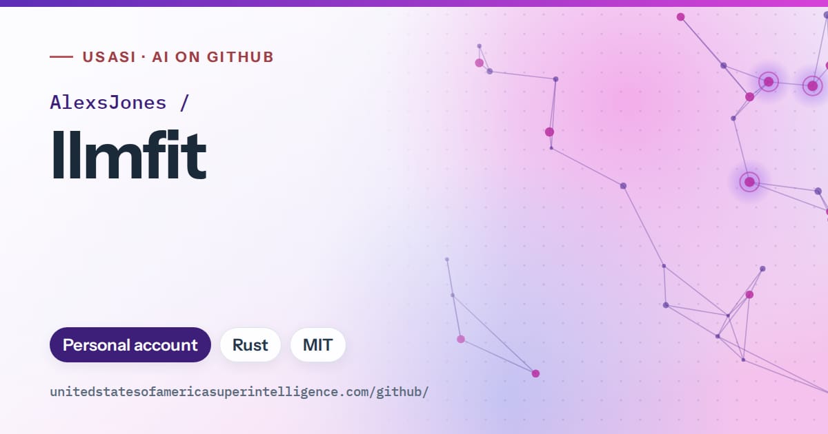 Generated violet constellation network artwork for AlexsJones/llmfit, labeled USASI · AI on GitHub, with Personal account · Rust · MIT.