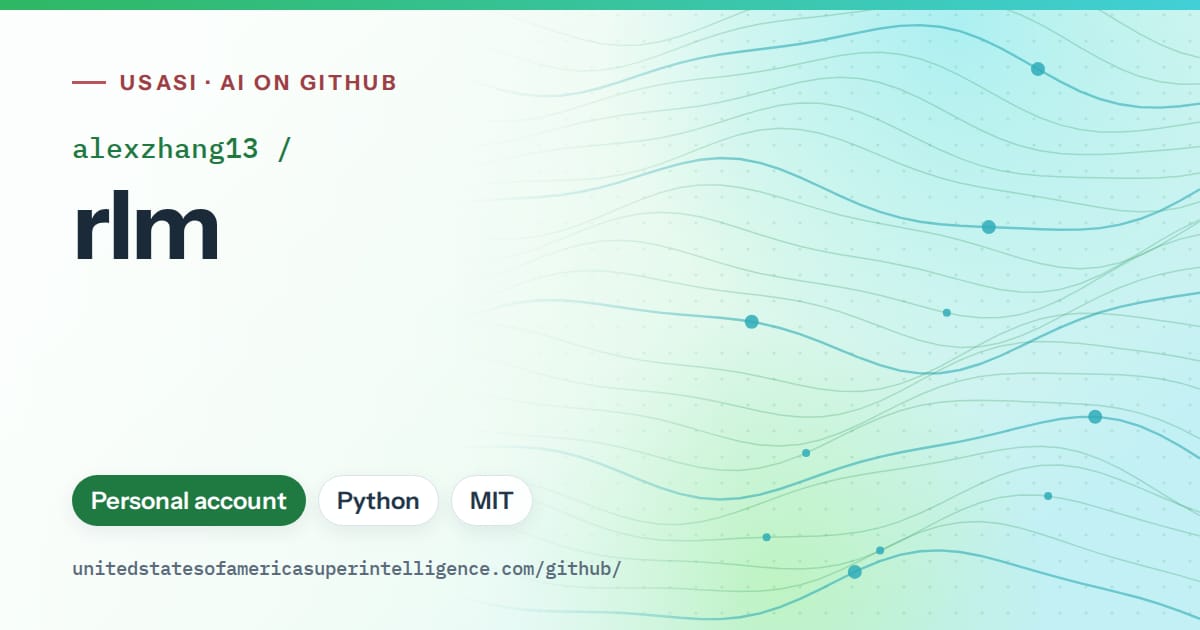 Generated green flowing-wave artwork for alexzhang13/rlm, labeled USASI · AI on GitHub, with Personal account · Python · MIT.