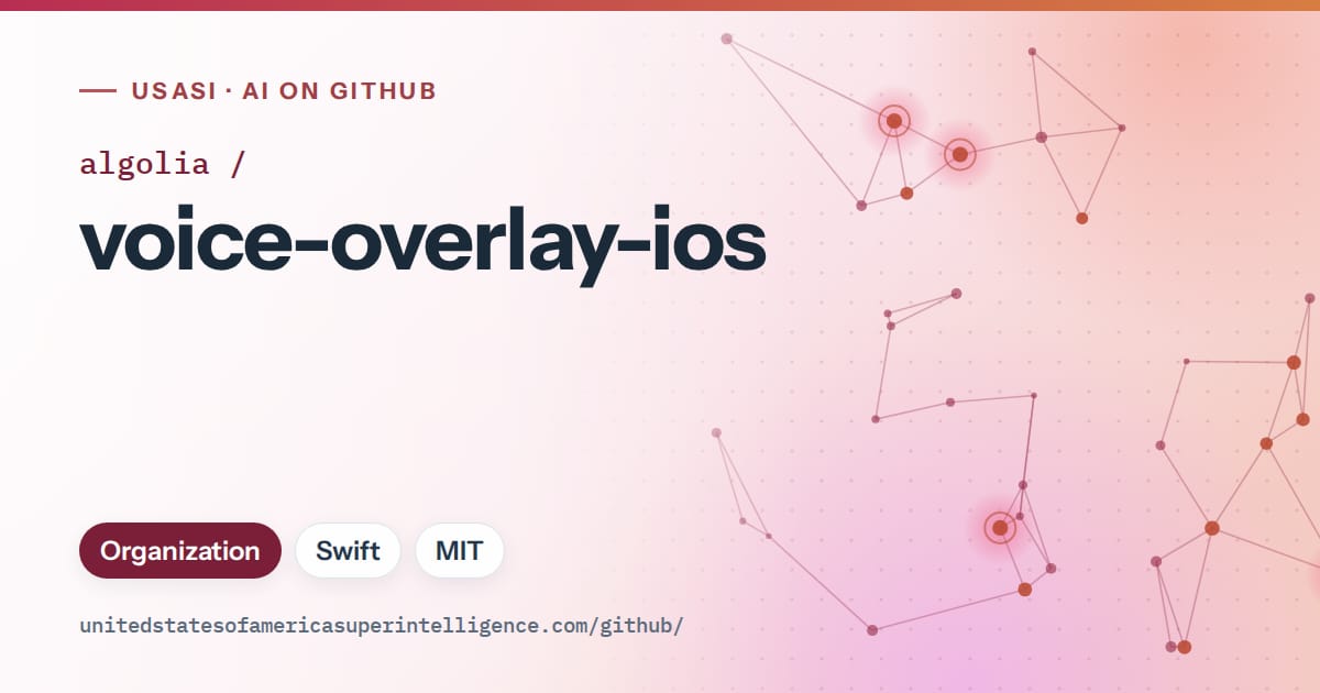 Generated pink constellation network artwork for algolia/voice-overlay-ios, labeled USASI · AI on GitHub, with Organization · Swift · MIT.