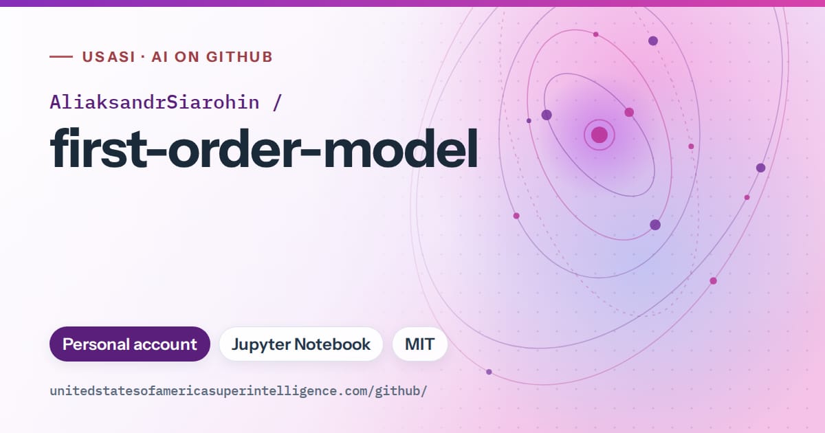 Generated violet orbit artwork for AliaksandrSiarohin/first-order-model, labeled USASI · AI on GitHub, with Personal account · Jupyter Notebook · MIT.