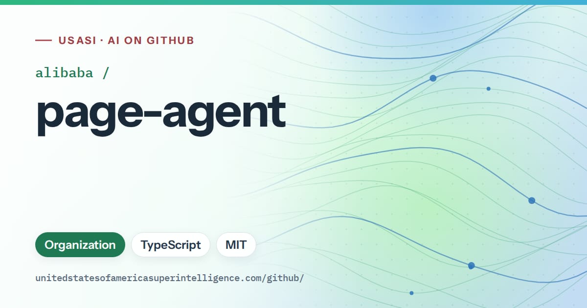 Generated teal flowing-wave artwork for alibaba/page-agent, labeled USASI · AI on GitHub, with Organization · TypeScript · MIT.