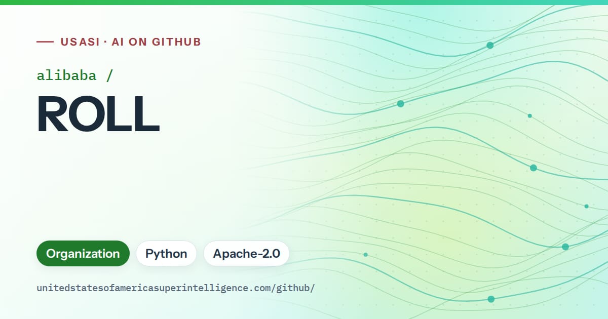 Generated green flowing-wave artwork for alibaba/ROLL, labeled USASI · AI on GitHub, with Organization · Python · Apache-2.0.