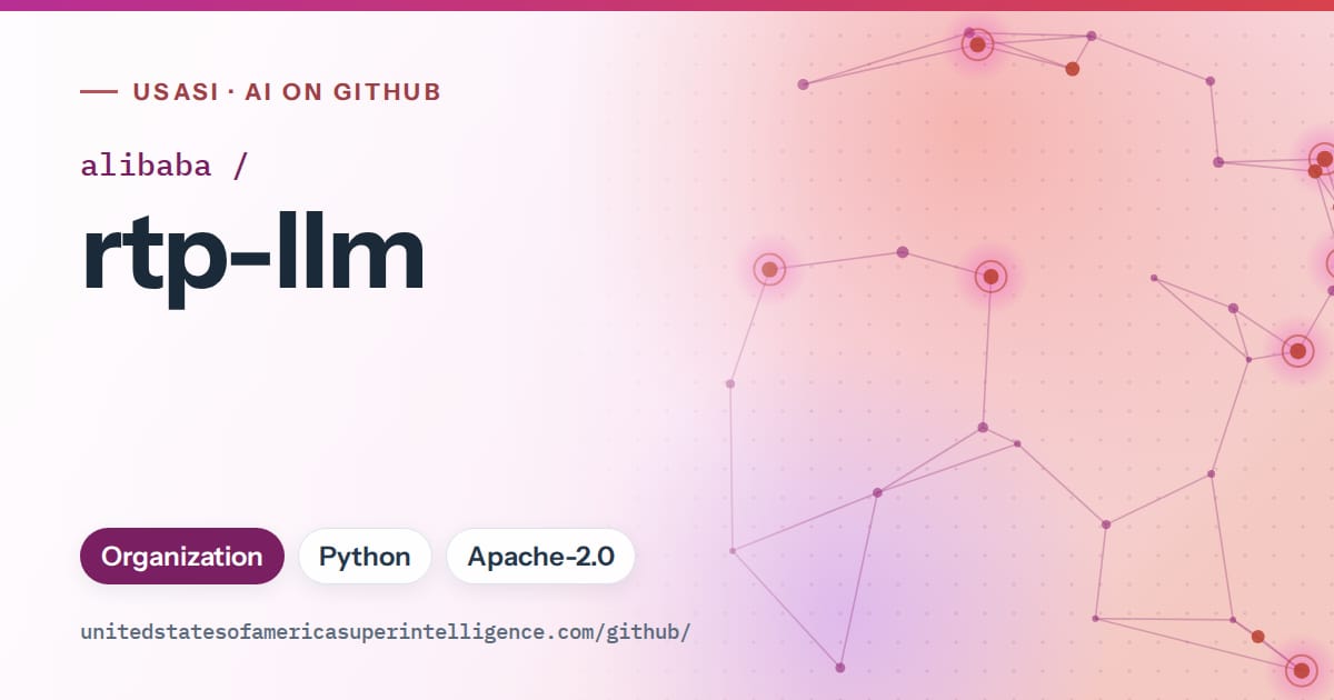 Generated purple constellation network artwork for alibaba/rtp-llm, labeled USASI · AI on GitHub, with Organization · Python · Apache-2.0.