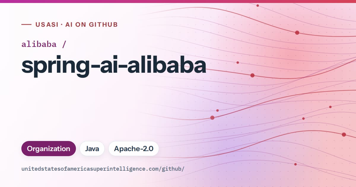 Generated purple flowing-wave artwork for alibaba/spring-ai-alibaba, labeled USASI · AI on GitHub, with Organization · Java · Apache-2.0.