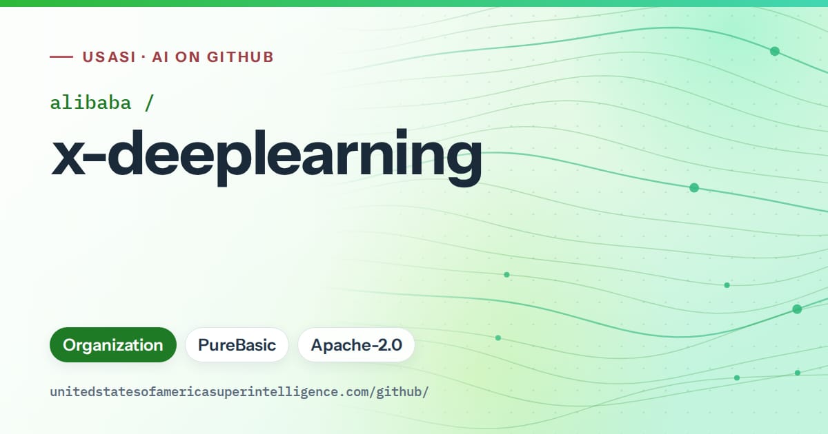 Generated green flowing-wave artwork for alibaba/x-deeplearning, labeled USASI · AI on GitHub, with Organization · PureBasic · Apache-2.0.