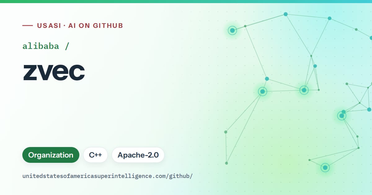 Generated green constellation network artwork for alibaba/zvec, labeled USASI · AI on GitHub, with Organization · C++ · Apache-2.0.