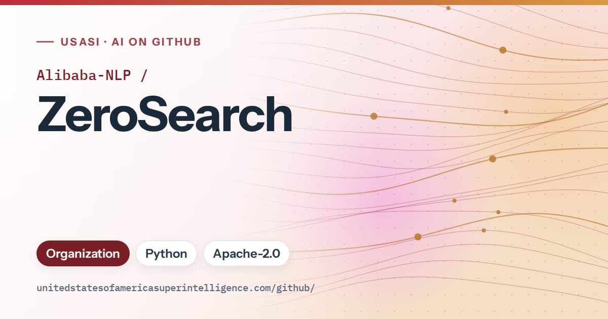 Generated red flowing-wave artwork for Alibaba-NLP/ZeroSearch, labeled USASI · AI on GitHub, with Organization · Python · Apache-2.0.