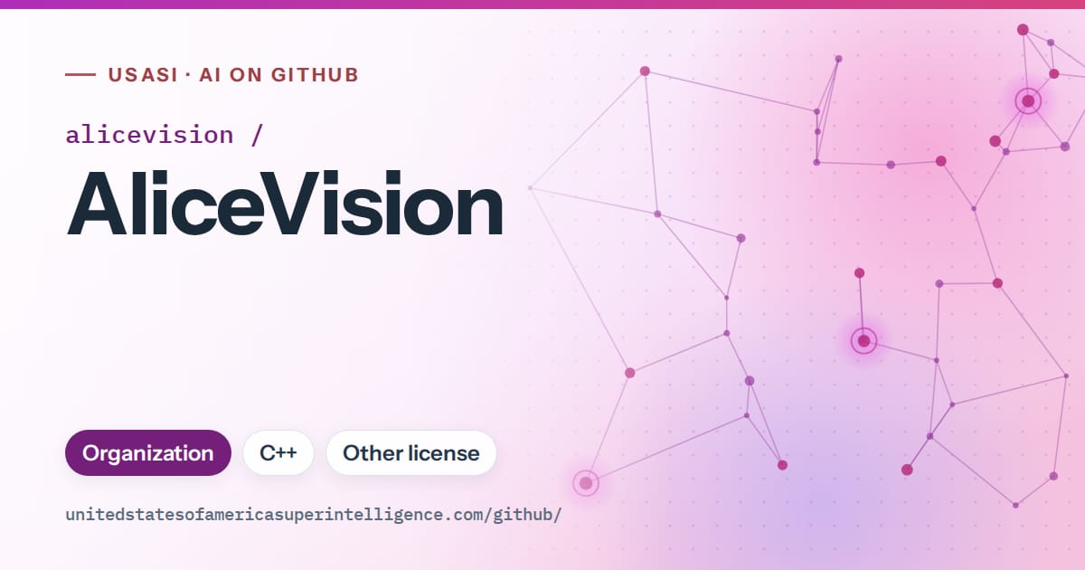 Generated purple constellation network artwork for alicevision/AliceVision, labeled USASI · AI on GitHub, with Organization · C++ · Other license.