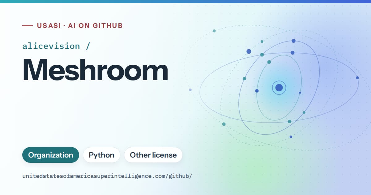 Generated teal orbit artwork for alicevision/Meshroom, labeled USASI · AI on GitHub, with Organization · Python · Other license.