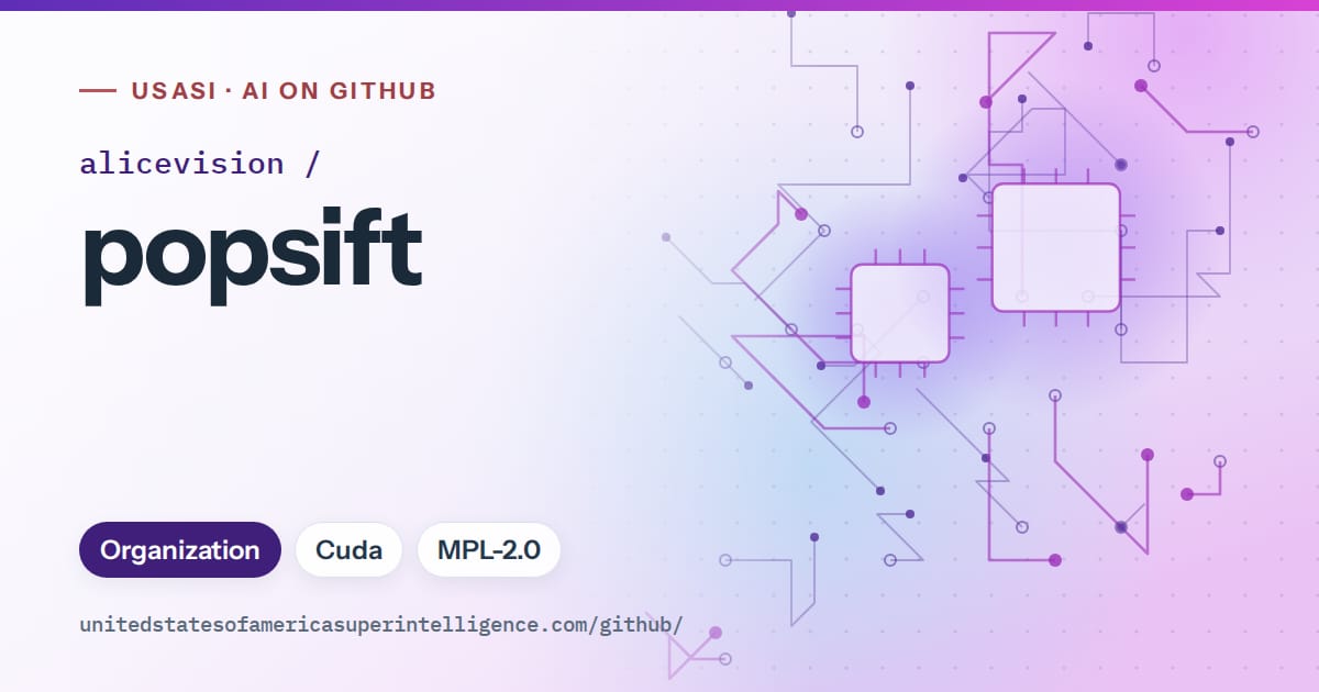 Generated violet circuit-trace artwork for alicevision/popsift, labeled USASI · AI on GitHub, with Organization · Cuda · MPL-2.0.