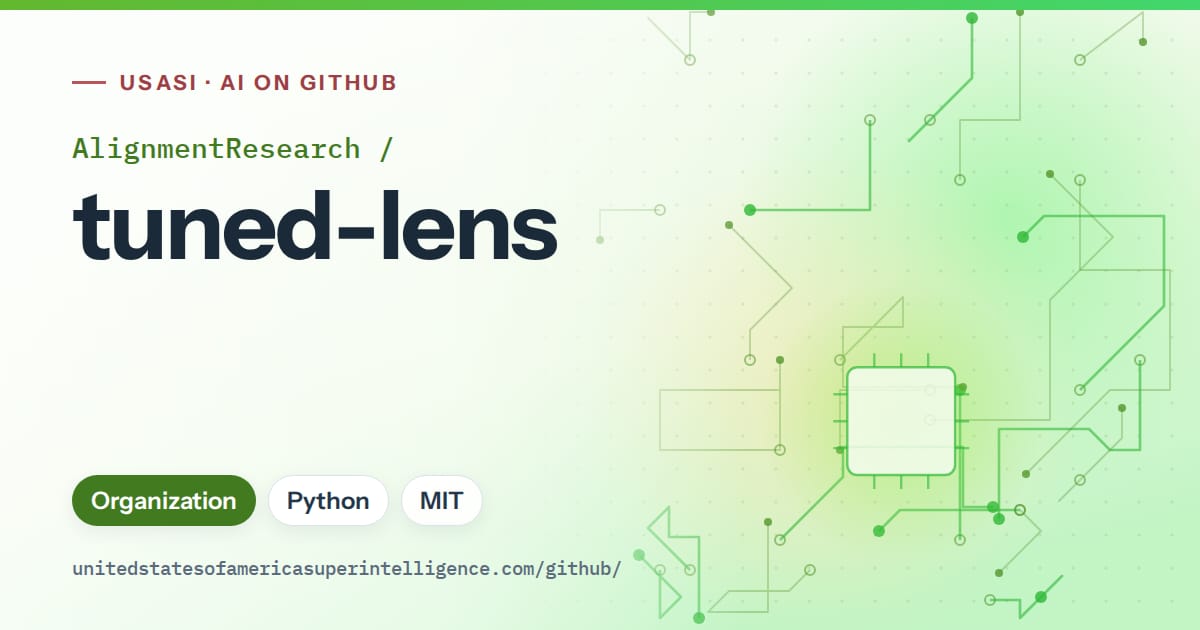 Generated green circuit-trace artwork for AlignmentResearch/tuned-lens, labeled USASI · AI on GitHub, with Organization · Python · MIT.