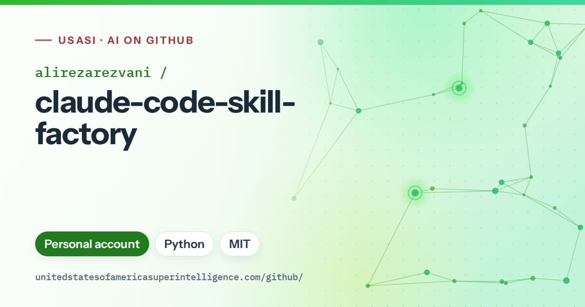 Generated green constellation network artwork for alirezarezvani/claude-code-skill-factory, labeled USASI · AI on GitHub, with Personal account · Python · MIT.