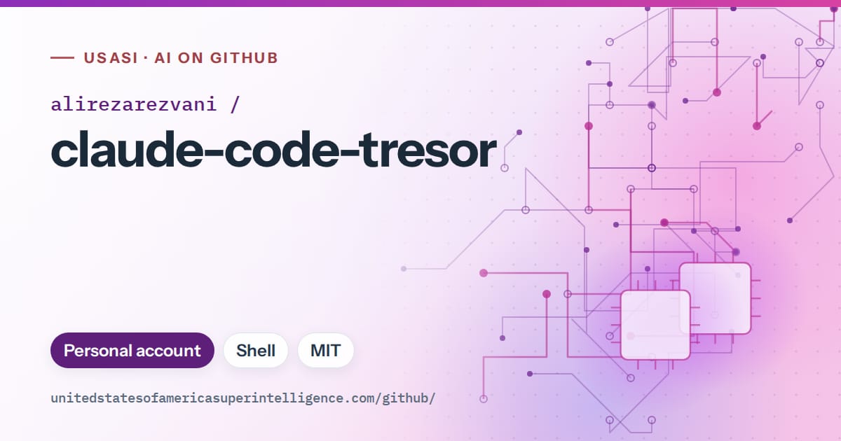 Generated violet circuit-trace artwork for alirezarezvani/claude-code-tresor, labeled USASI · AI on GitHub, with Personal account · Shell · MIT.