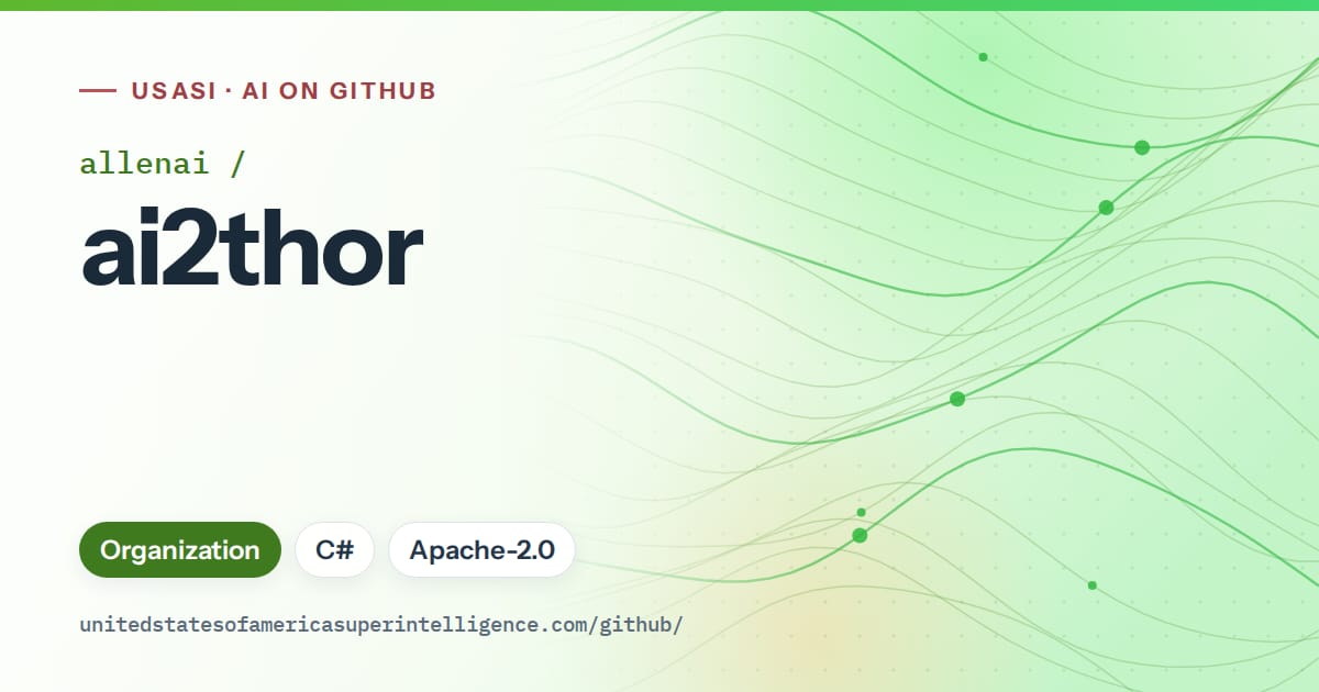 Generated green flowing-wave artwork for allenai/ai2thor, labeled USASI · AI on GitHub, with Organization · C# · Apache-2.0.