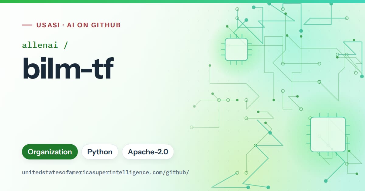 Generated green circuit-trace artwork for allenai/bilm-tf, labeled USASI · AI on GitHub, with Organization · Python · Apache-2.0.
