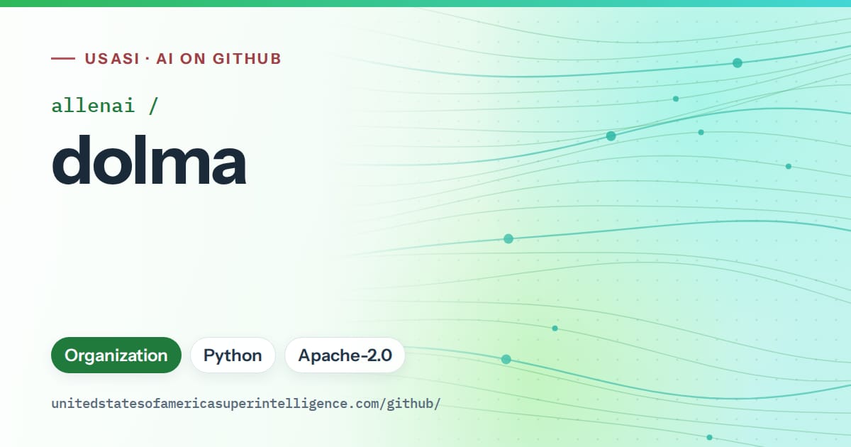 Generated green flowing-wave artwork for allenai/dolma, labeled USASI · AI on GitHub, with Organization · Python · Apache-2.0.