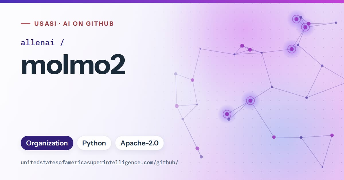 Generated violet constellation network artwork for allenai/molmo2, labeled USASI · AI on GitHub, with Organization · Python · Apache-2.0.