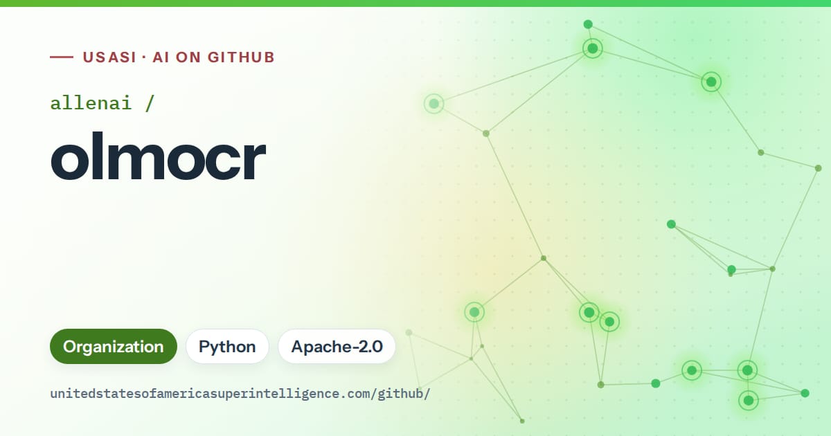 Generated green constellation network artwork for allenai/olmocr, labeled USASI · AI on GitHub, with Organization · Python · Apache-2.0.