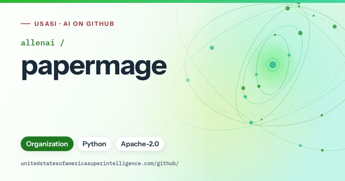Generated green orbit artwork for allenai/papermage, labeled USASI · AI on GitHub, with Organization · Python · Apache-2.0.