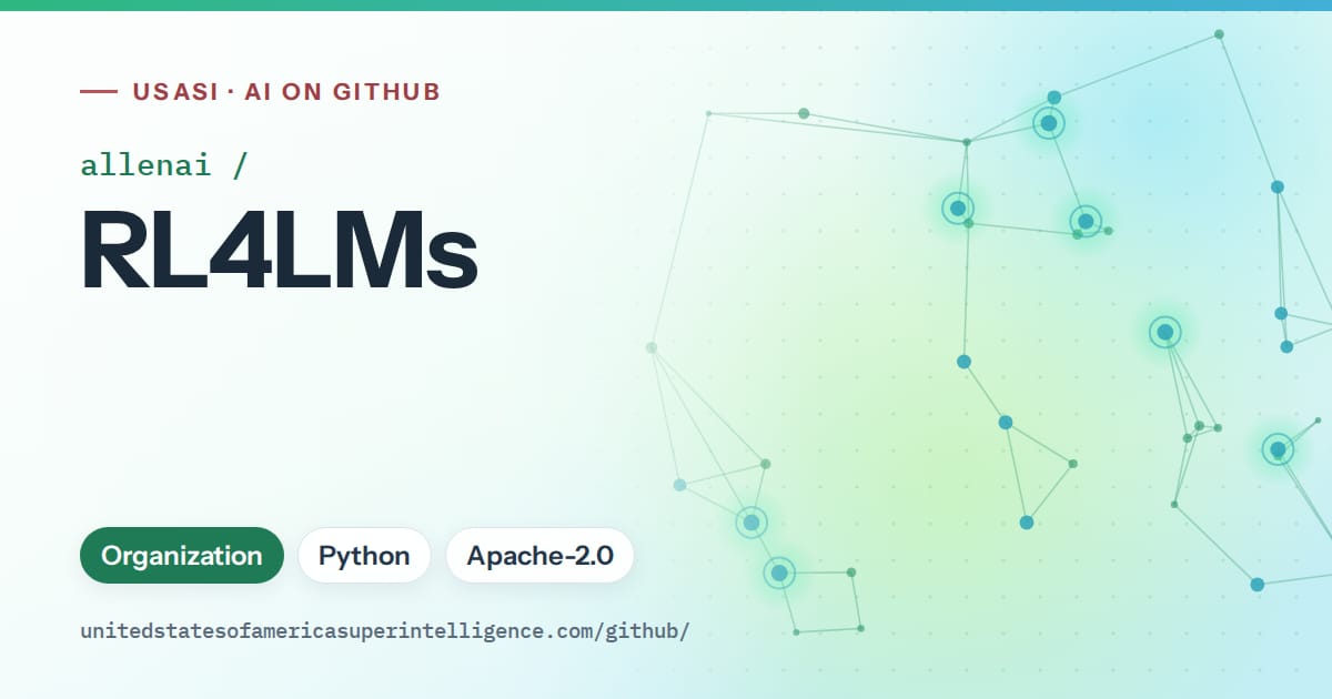 Generated teal constellation network artwork for allenai/RL4LMs, labeled USASI · AI on GitHub, with Organization · Python · Apache-2.0.
