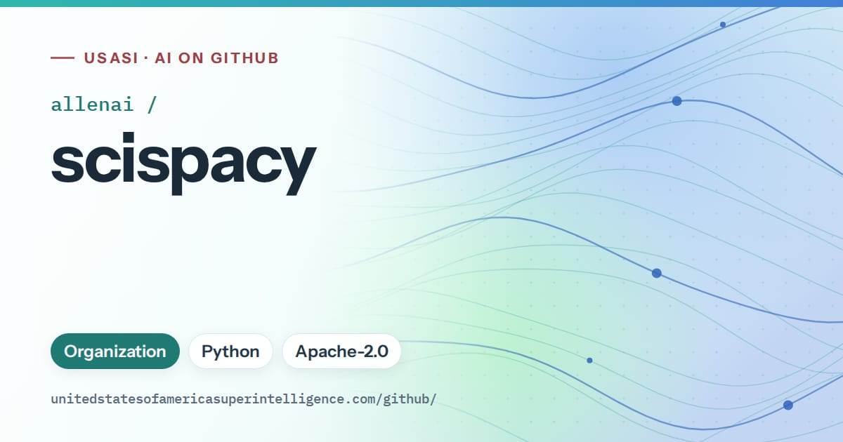 Generated teal flowing-wave artwork for allenai/scispacy, labeled USASI · AI on GitHub, with Organization · Python · Apache-2.0.