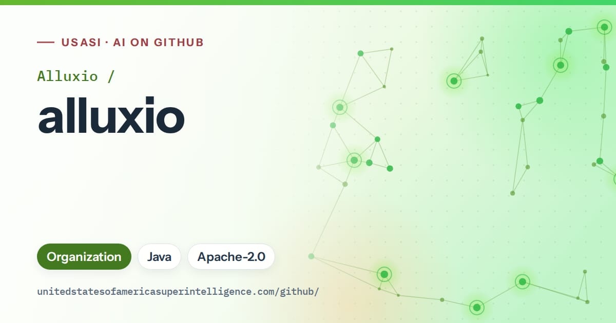 Generated green constellation network artwork for Alluxio/alluxio, labeled USASI · AI on GitHub, with Organization · Java · Apache-2.0.
