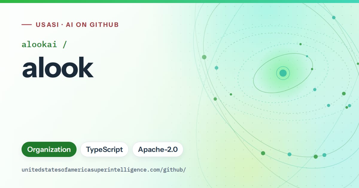 Generated green orbit artwork for alookai/alook, labeled USASI · AI on GitHub, with Organization · TypeScript · Apache-2.0.