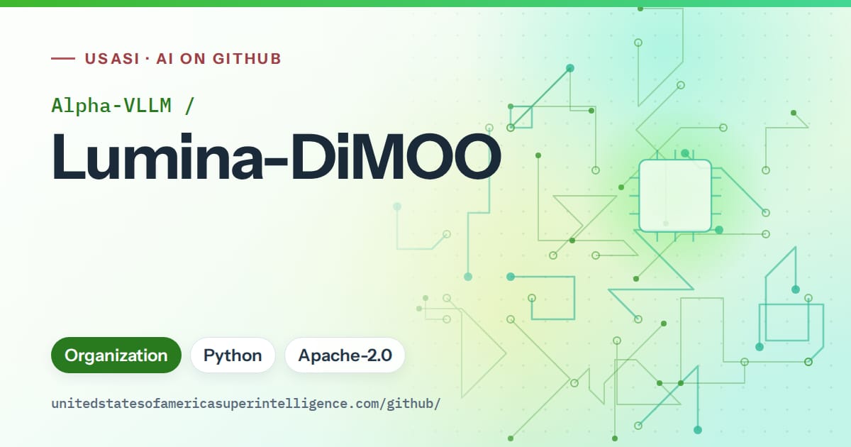 Generated green circuit-trace artwork for Alpha-VLLM/Lumina-DiMOO, labeled USASI · AI on GitHub, with Organization · Python · Apache-2.0.