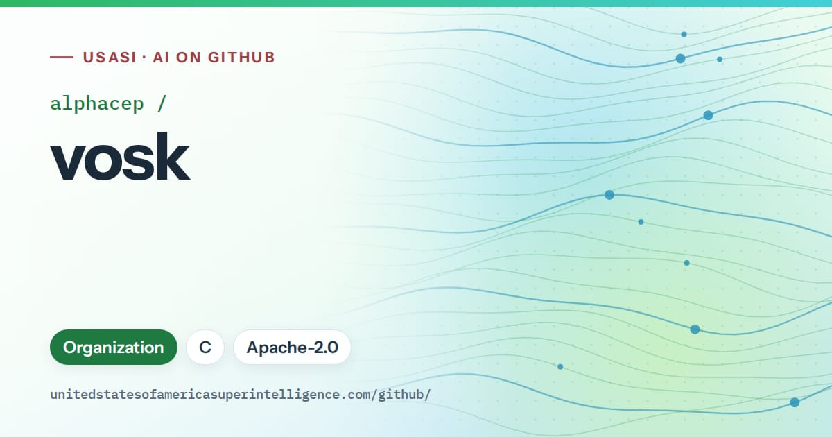 Generated green flowing-wave artwork for alphacep/vosk, labeled USASI · AI on GitHub, with Organization · C · Apache-2.0.