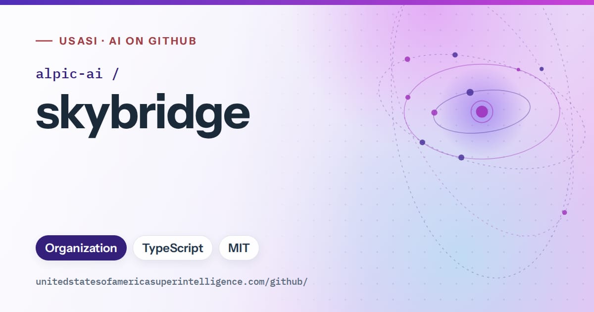 Generated violet orbit artwork for alpic-ai/skybridge, labeled USASI · AI on GitHub, with Organization · TypeScript · MIT.