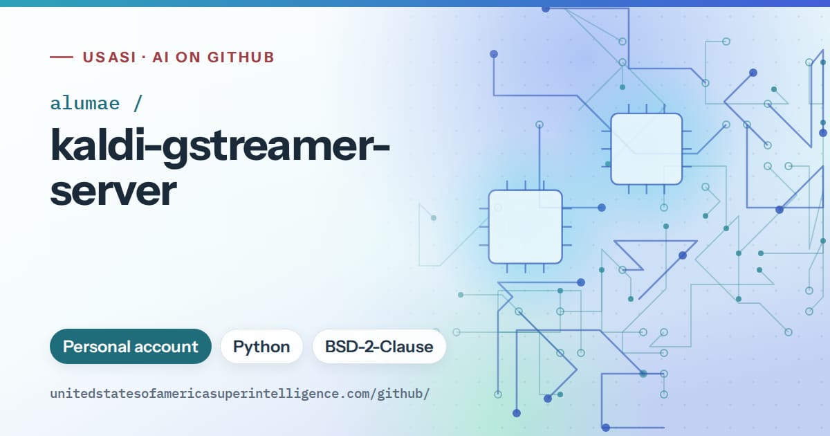 Generated teal circuit-trace artwork for alumae/kaldi-gstreamer-server, labeled USASI · AI on GitHub, with Personal account · Python · BSD-2-Clause.