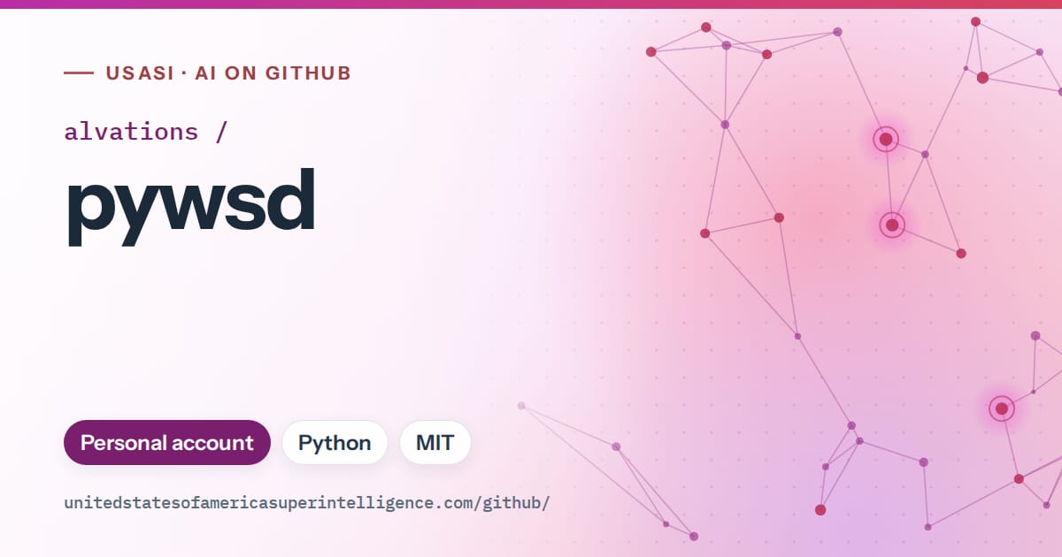 Generated purple constellation network artwork for alvations/pywsd, labeled USASI · AI on GitHub, with Personal account · Python · MIT.