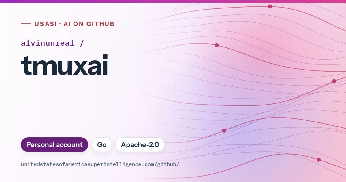Generated purple flowing-wave artwork for alvinunreal/tmuxai, labeled USASI · AI on GitHub, with Personal account · Go · Apache-2.0.