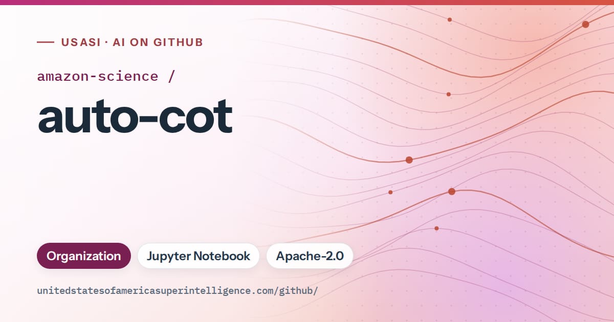 Generated pink flowing-wave artwork for amazon-science/auto-cot, labeled USASI · AI on GitHub, with Organization · Jupyter Notebook · Apache-2.0.