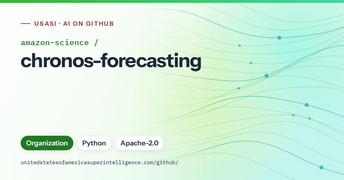 Generated green flowing-wave artwork for amazon-science/chronos-forecasting, labeled USASI · AI on GitHub, with Organization · Python · Apache-2.0.