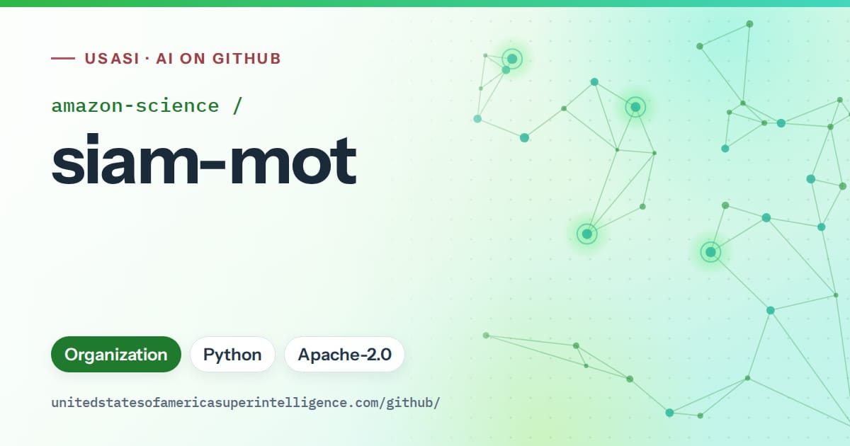 Generated green constellation network artwork for amazon-science/siam-mot, labeled USASI · AI on GitHub, with Organization · Python · Apache-2.0.