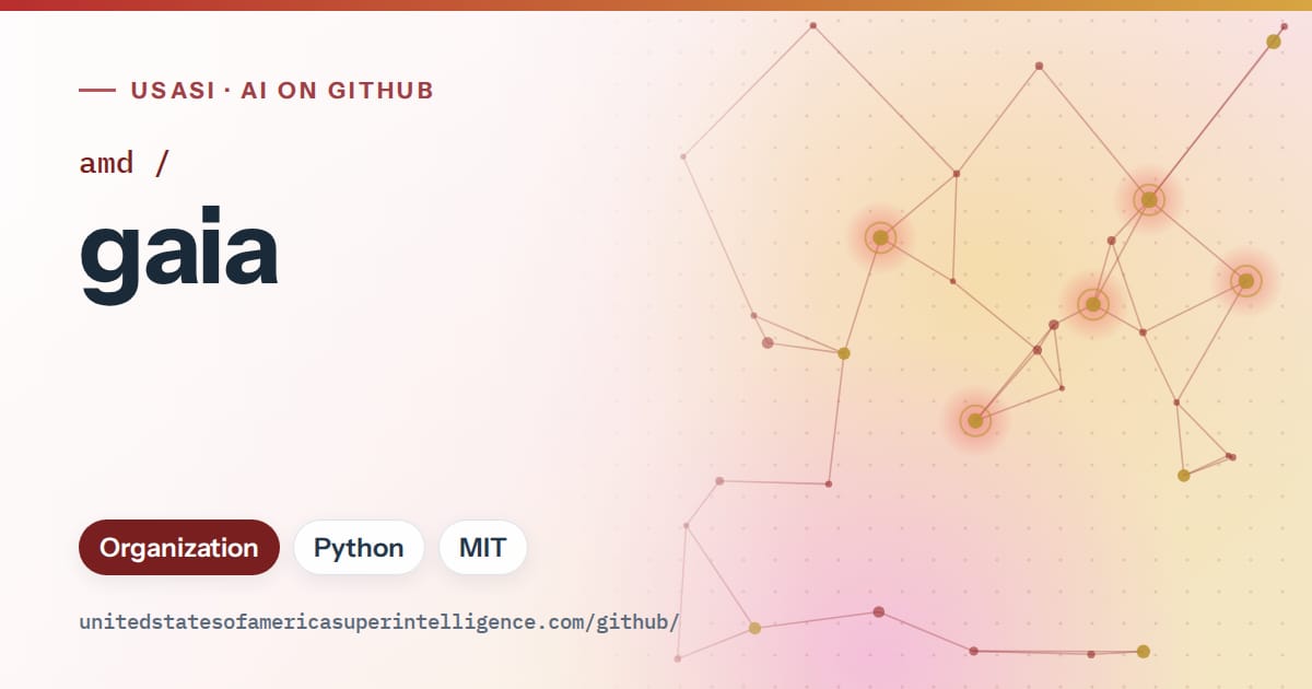 Generated red constellation network artwork for amd/gaia, labeled USASI · AI on GitHub, with Organization · Python · MIT.