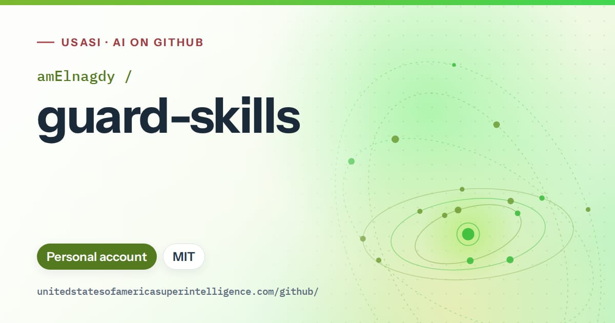 Generated green orbit artwork for amElnagdy/guard-skills, labeled USASI · AI on GitHub, with Personal account · MIT.