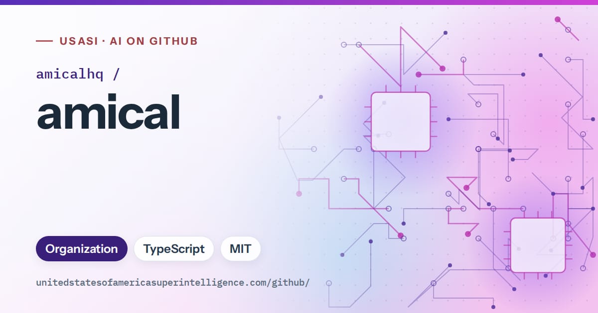 Generated violet circuit-trace artwork for amicalhq/amical, labeled USASI · AI on GitHub, with Organization · TypeScript · MIT.