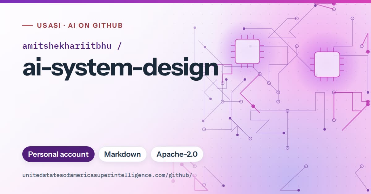 Generated violet circuit-trace artwork for amitshekhariitbhu/ai-system-design, labeled USASI · AI on GitHub, with Personal account · Markdown · Apache-2.0.